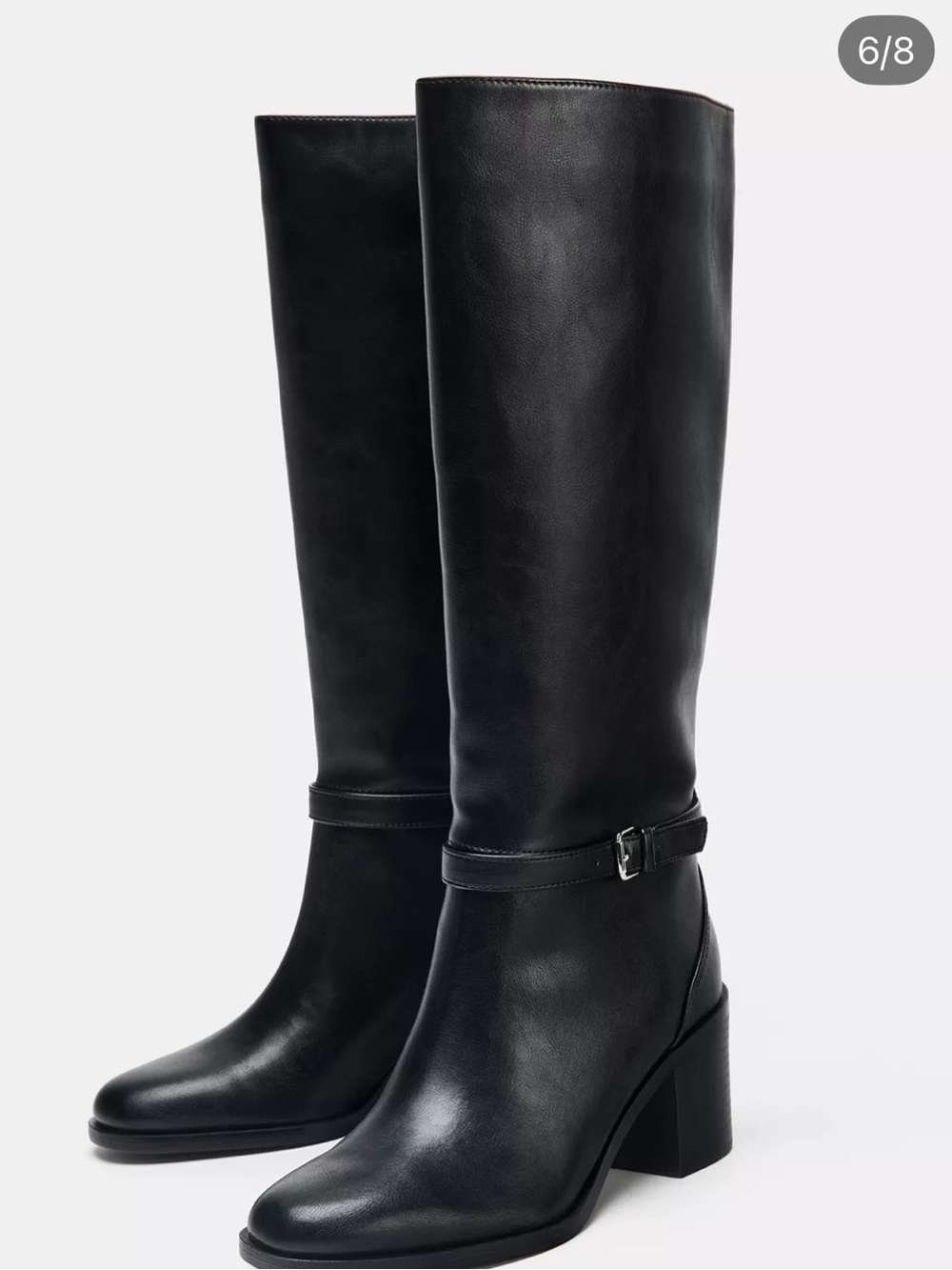 Zara Black Knee-High Leather Block Heel Boots